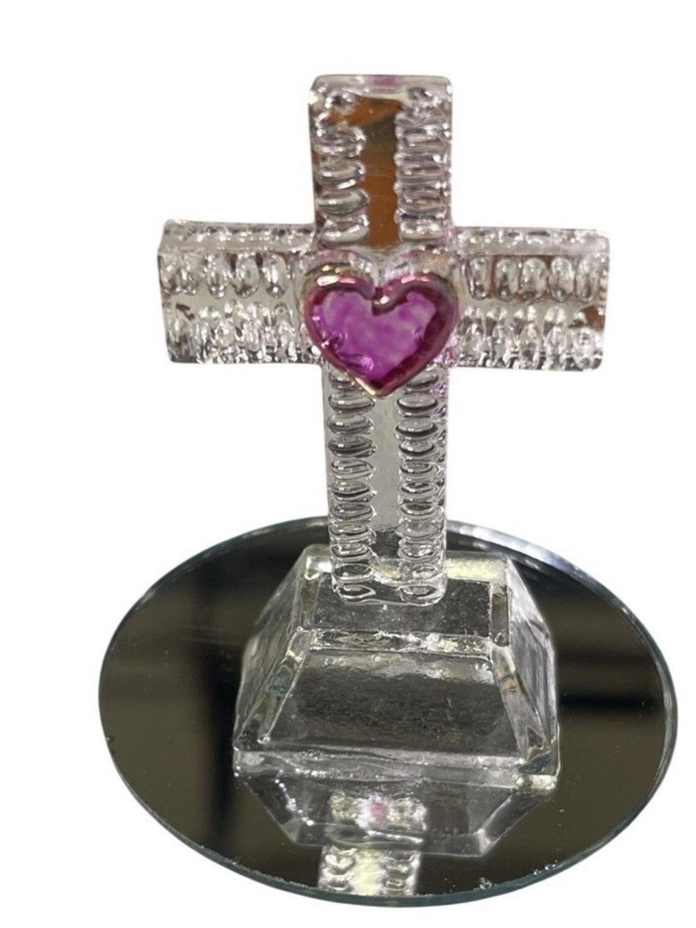 Clear Glass Cross with Pink Heart Accent Figurine